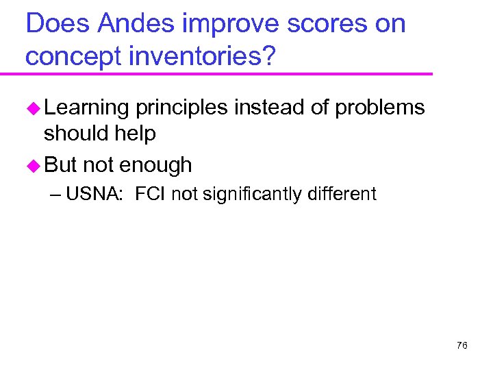 Does Andes improve scores on concept inventories? u Learning principles instead of problems should