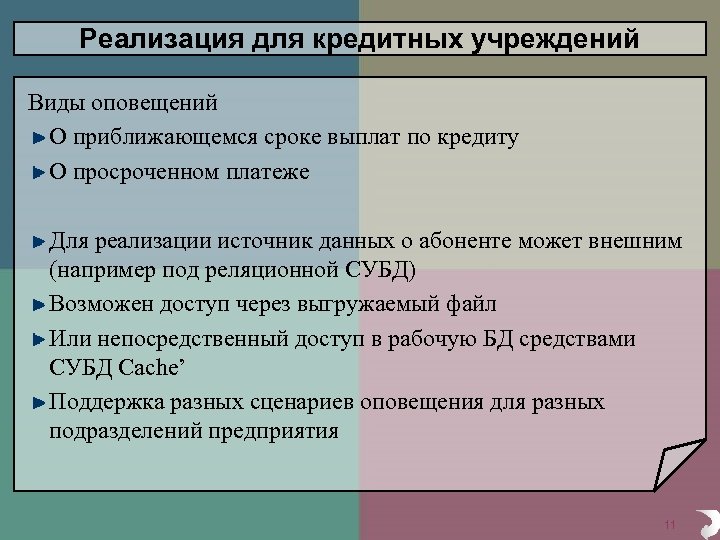 Реализация для кредитных учреждений Виды оповещений О приближающемся сроке выплат по кредиту О просроченном