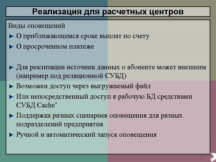 Реализация для расчетных центров Виды оповещений О приближающемся сроке выплат по счету О просроченном