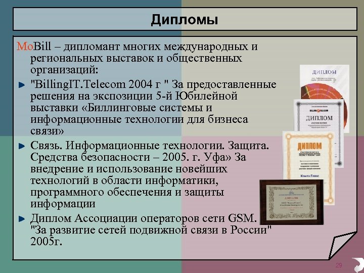 Дипломы Mo. Bill – дипломант многих международных и региональных выставок и общественных организаций: "Billing.
