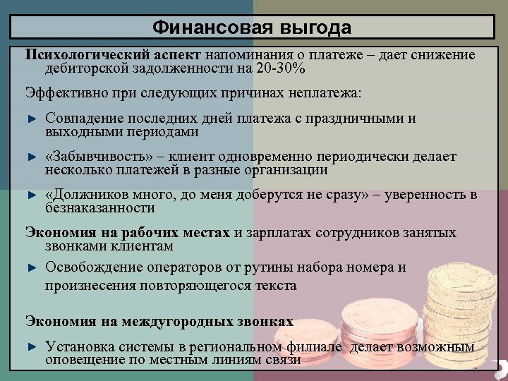Финансовая выгода Психологический аспект напоминания о платеже – дает снижение дебиторской задолженности на 20
