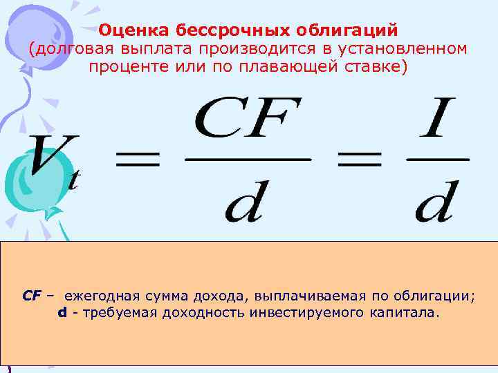 Оценка бессрочных облигаций (долговая выплата производится в установленном проценте или по плавающей ставке) СF