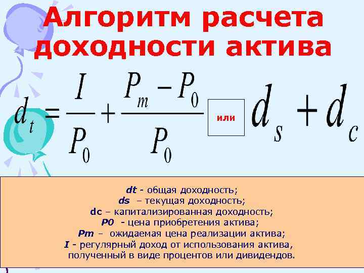 Алгоритм расчета доходности актива или dt - общая доходность; ds – текущая доходность; dc