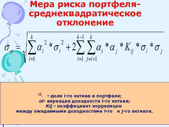 Мера риска портфелясреднеквадратическое отклонение - доля i-го актива в портфеле; σi- вариация доходности i-го