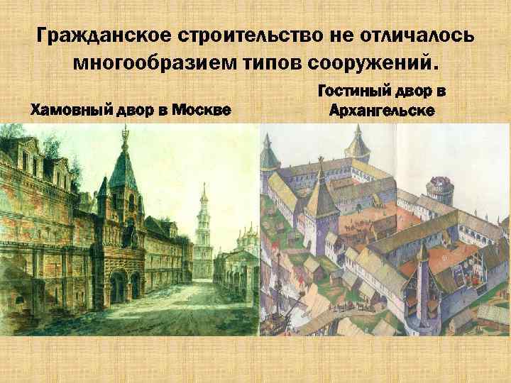 Гражданское строительство не отличалось многообразием типов сооружений. Хамовный двор в Москве Гостиный двор в