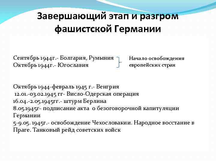 Завершающий этап и разгром фашистской Германии Сентябрь 1944 г. - Болгария, Румыния Октябрь 1944