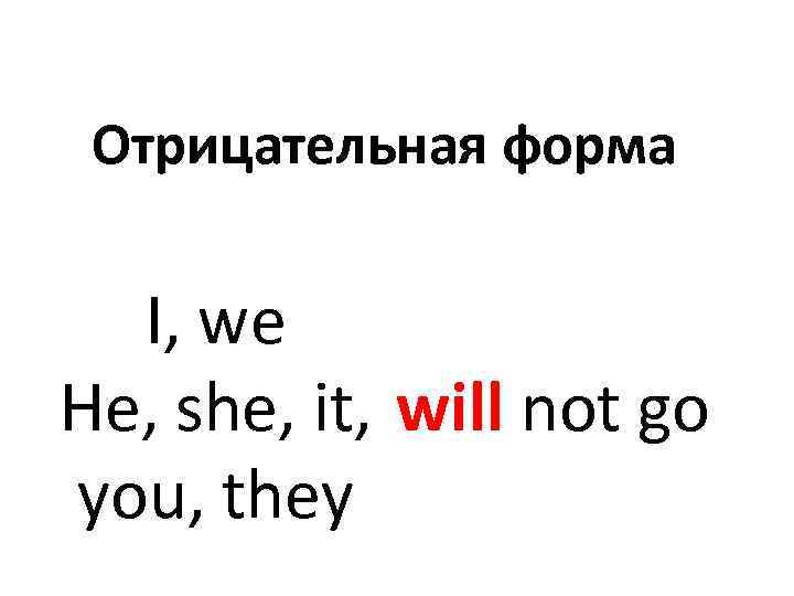 Отрицательная форма I, we He, she, it, will not go you, they 
