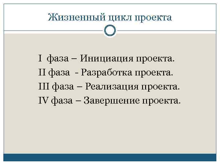 Жизненный цикл проекта I фаза – Инициация проекта. II фаза - Разработка проекта. III