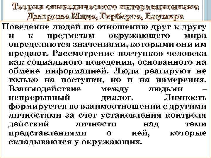 Теория символического интеракционизма Джорджа Мида, Герберта, Блумера Поведение людей по отношению друг к другу