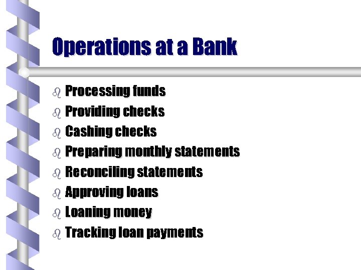 Operations at a Bank b Processing funds b Providing checks b Cashing checks b