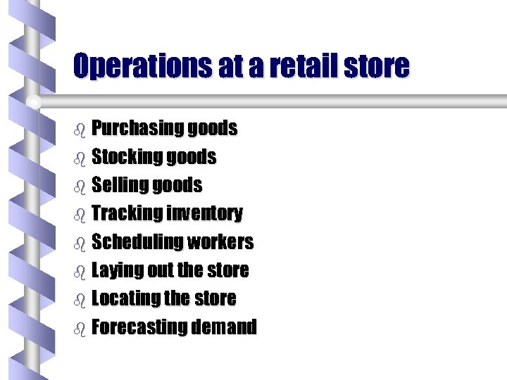 Operations at a retail store b Purchasing goods b Stocking goods b Selling goods