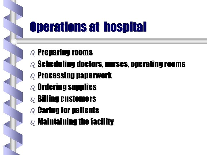 Operations at hospital b Preparing rooms b Scheduling doctors, nurses, operating rooms b Processing