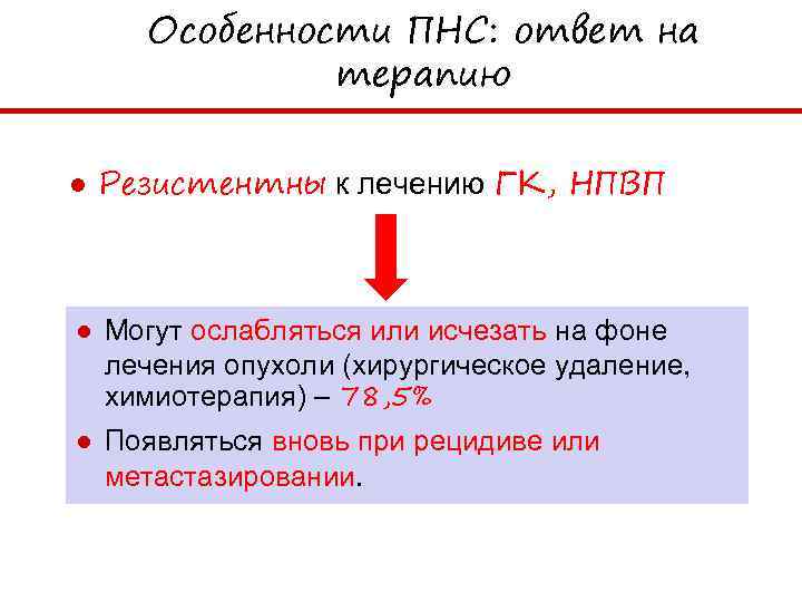 Особенности ПНС: ответ на терапию ● Резистентны к лечению ГК, НПВП ● Могут ослабляться