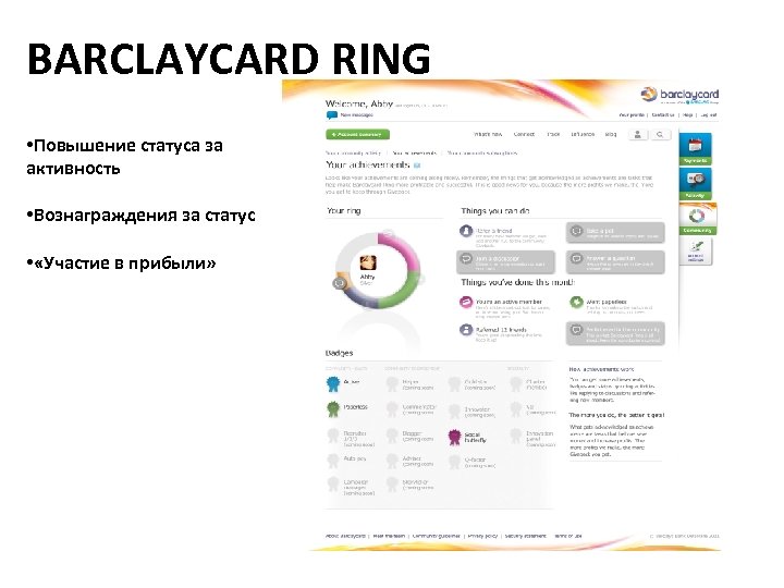 BARCLAYCARD RING • Повышение статуса за активность • Вознаграждения за статус • «Участие в
