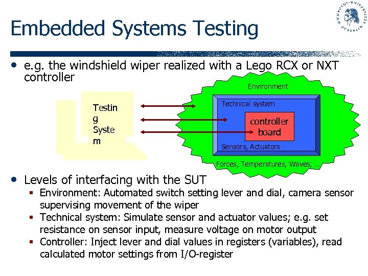 Embedded Systems Testing • e. g. the windshield wiper realized with a Lego RCX
