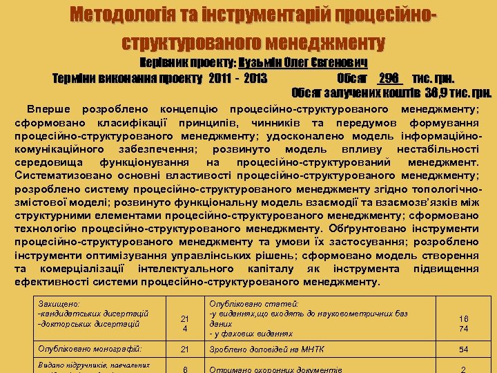 Методологія та інструментарій процесійноструктурованого менеджменту Керівник проекту: Кузьмін Олег Євгенович Терміни виконання проекту 2011