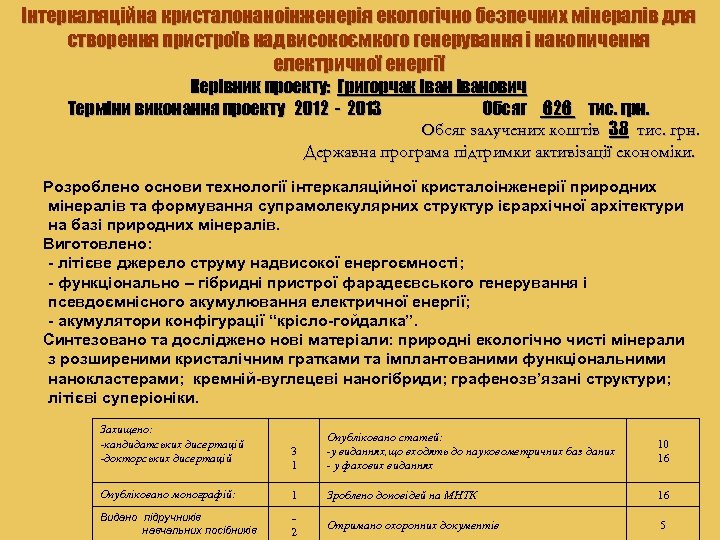 Інтеркаляційна кристалонаноінженерія екологічно безпечних мінералів для створення пристроїв надвисокоємкого генерування і накопичення електричної енергії