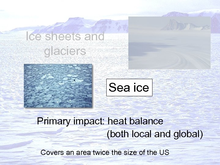 Ice sheets and glaciers Sea ice Primary impact: heat balance (both local and global)