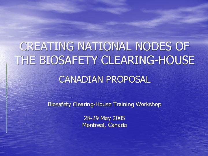 CREATING NATIONAL NODES OF THE BIOSAFETY CLEARING-HOUSE CANADIAN PROPOSAL Biosafety Clearing-House Training Workshop 28