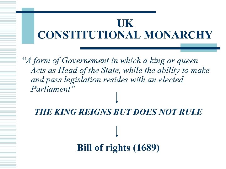 UK CONSTITUTIONAL MONARCHY “A form of Governement in which a king or queen Acts