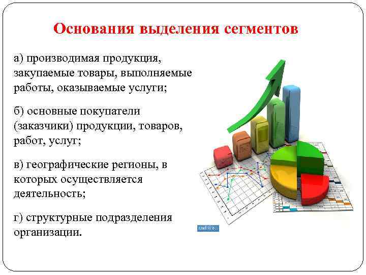 Основания выделения сегментов а) производимая продукция, закупаемые товары, выполняемые работы, оказываемые услуги; б) основные