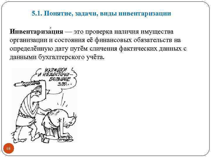 5. 1. Понятие, задачи, виды инвентаризации Инвентариза ция — это проверка наличия имущества организации