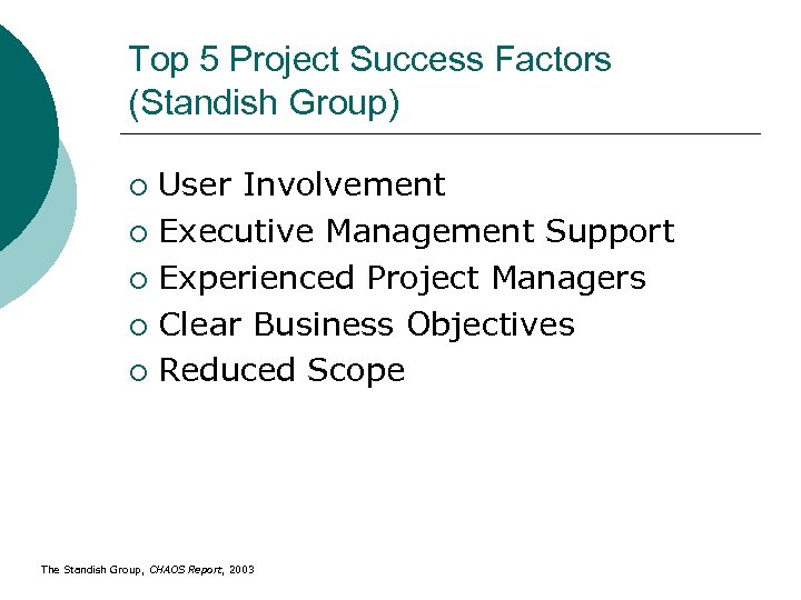 Top 5 Project Success Factors (Standish Group) User Involvement ¡ Executive Management Support ¡