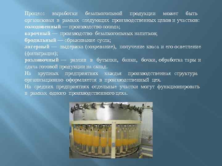 Процесс выработки безалкогольной продукции может быть организован в рамках следующих производственных цехов и участков: