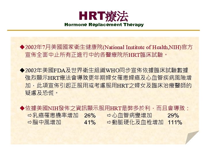 HRT療法 Hormone Replacement Therapy 2002年 7月美國國家衛生健康院(National Institute of Health, NIH)官方 宣佈全面中止所有正進行中的各醫療院所HRT臨床試驗。 2002年美國FDA及世界衛生組織WHO同步宣佈依據臨床試驗數據 強烈顯示HRT療法會導致更年期婦女罹患婦癌及心血管疾病風險增 加，此項宣佈引起正服用或考慮服用HRT之婦女及臨床治療醫師的