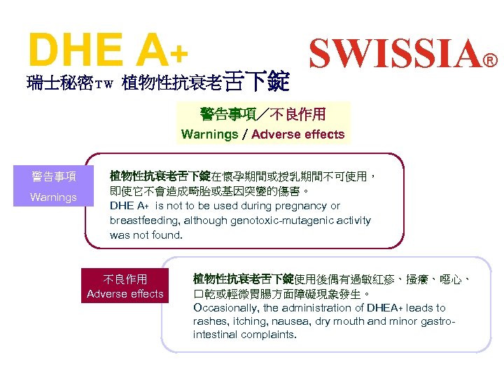 DHE A+ 瑞士秘密ＴＷ 植物性抗衰老舌下錠 SWISSIA® 警告事項／不良作用 Warnings／Adverse effects 警告事項 Warnings 植物性抗衰老舌下錠在懷孕期間或授乳期間不可使用， 即使它不會造成畸胎或基因突變的傷害。 DHE A+