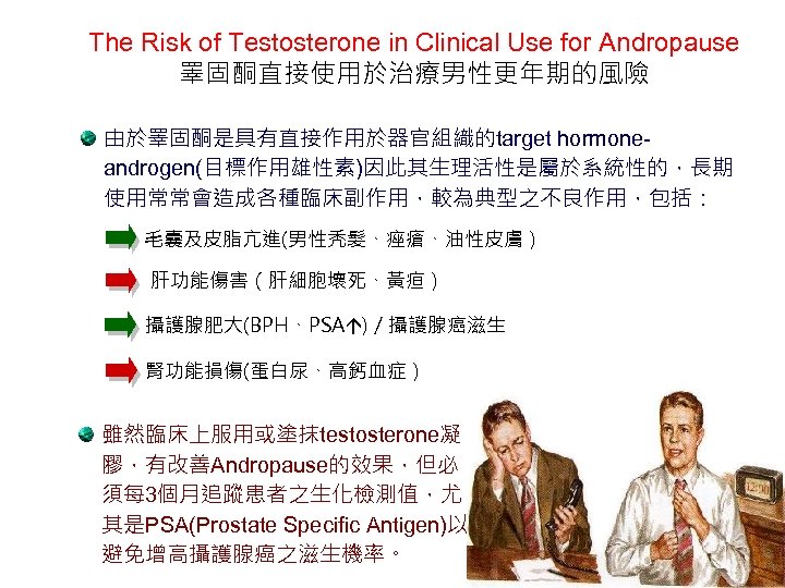 The Risk of Testosterone in Clinical Use for Andropause 睪固酮直接使用於治療男性更年期的風險 由於睪固酮是具有直接作用於器官組織的target hormoneandrogen(目標作用雄性素)因此其生理活性是屬於系統性的，長期 使用常常會造成各種臨床副作用，較為典型之不良作用，包括： 毛囊及皮脂亢進(男性秃髮、痤瘡、油性皮膚）