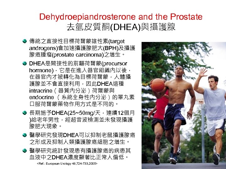 Dehydroepiandrosterone and the Prostate 去氫皮質酮(DHEA)與攝護腺 傳統之直接性目標荷爾蒙雄性素(target androgens)會加速攝護腺肥大(BPH)及攝護 腺癌腫瘤(prostate carcinoma)之增生。 DHEA是間接性的前驅荷爾蒙(precursor hormone)，它是在進入器官組織內以後， 在器官內才被轉化為目標荷爾蒙，人體攝 護腺並不會直接利用，因此DHEA這種 intracrine（器質內分泌）荷爾蒙與