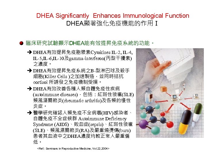 DHEA Significantly Enhances Immunological Function DHEA顯著強化免疫機能的作用Ⅰ 臨床研究試驗顯示DHEA能有效提昇免疫系統的功能。 è DHEA有效提昇免疫胞漿素Cytokines IL-2, IL-4, IL-5, IL-6, IL-10及gamma-interferon(丙型干擾素)