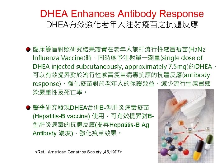 DHEA Enhances Antibody Response DHEA有效強化老年人注射疫苗之抗體反應 臨床雙盲對照研究結果證實在老年人施打流行性感冒疫苗(H 3 N 2 Influenza Vaccine)時，同時施予注射單一劑量(single dose of DHEA