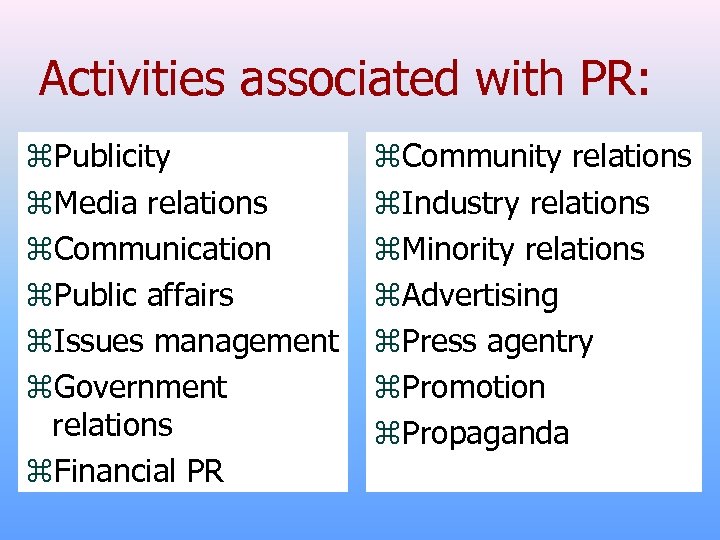 Activities associated with PR: z. Publicity z. Media relations z. Communication z. Public affairs