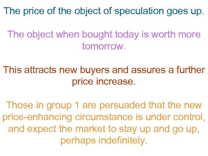 The price of the object of speculation goes up. The object when bought today