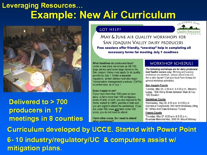 Leveraging Resources… Example: New Air Curriculum Delivered to > 700 producers in 17 meetings