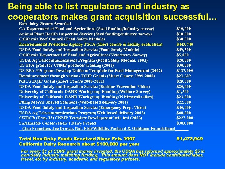 Being able to list regulators and industry as cooperators makes grant acquisition successful… Non-dairy