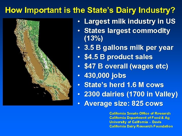 How Important is the State’s Dairy Industry? • Largest milk industry in US •