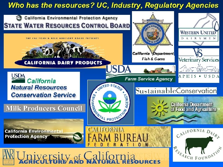 Who has the resources? UC, Industry, Regulatory Agencies California Department Fish & Game Milk