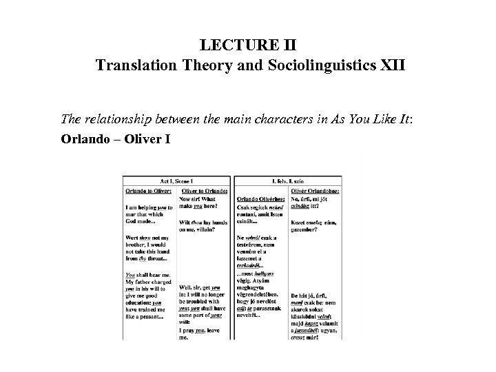LECTURE II Translation Theory and Sociolinguistics XII The relationship between the main characters in