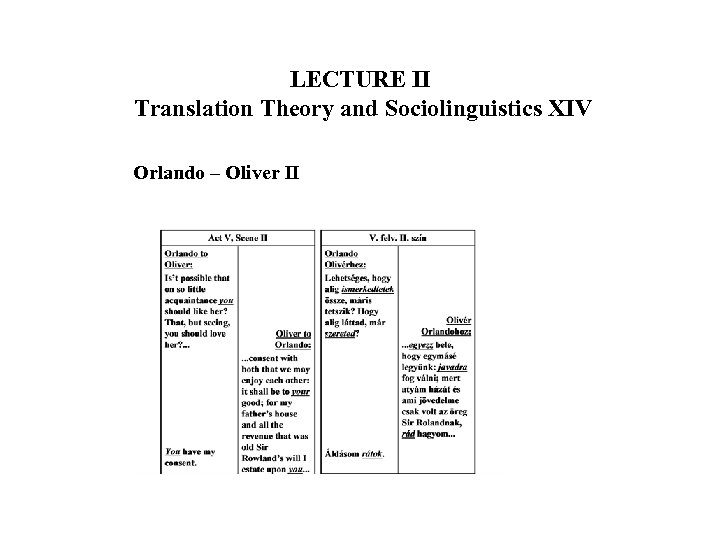 LECTURE II Translation Theory and Sociolinguistics XIV Orlando – Oliver II 