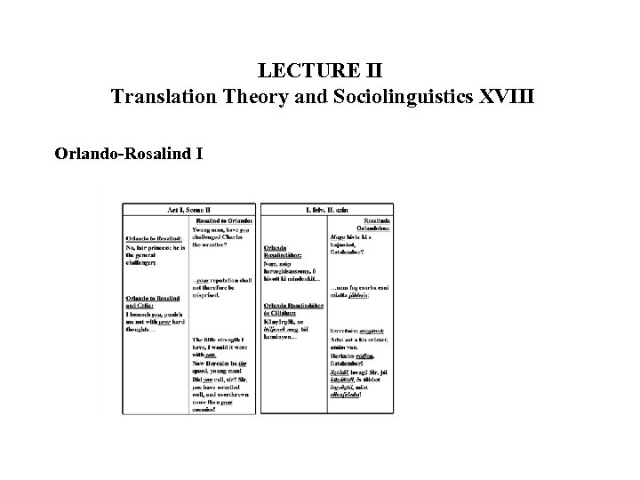 LECTURE II Translation Theory and Sociolinguistics XVIII Orlando-Rosalind I 