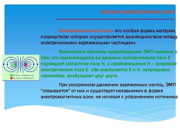 КРАТКАЯ ХАРАКТЕРИСТИКА ЭМП Электромагнитное поле - это особая форма материи, посредством которой осуществляется взаимодействие