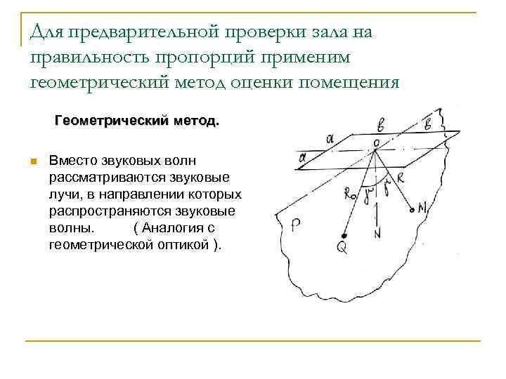 Для предварительной проверки зала на правильность пропорций применим геометрический метод оценки помещения Геометрический метод.