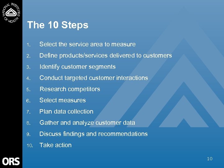 The 10 Steps 1. Select the service area to measure 2. Define products/services delivered