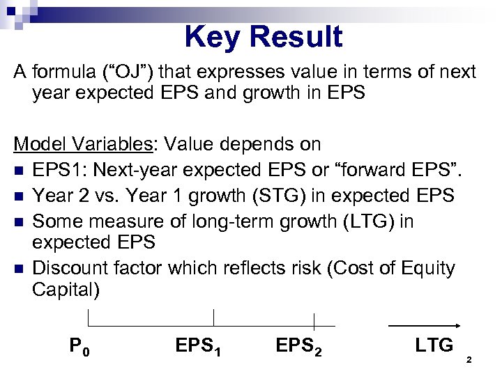 Key Result A formula (“OJ”) that expresses value in terms of next year expected