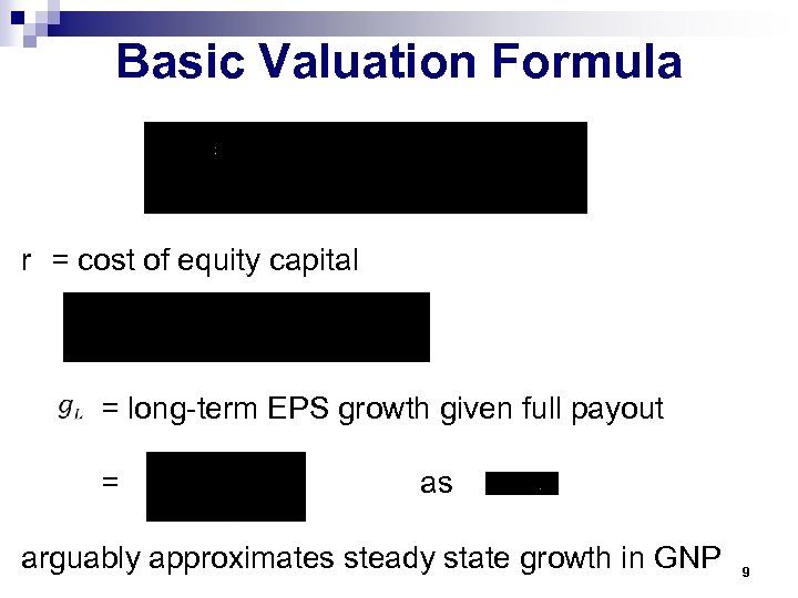Basic Valuation Formula r = cost of equity capital = long-term EPS growth given