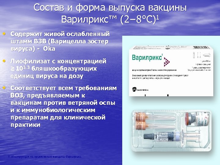Состав и форма выпуска вакцины Варилрикс™ (2− 8°C)1 • Содержит живой ослабленный штамм ВЗВ