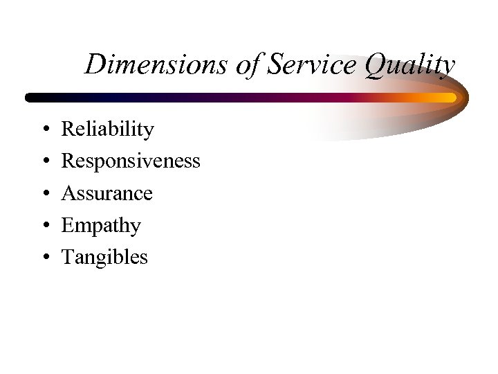 Dimensions of Service Quality • • • Reliability Responsiveness Assurance Empathy Tangibles 